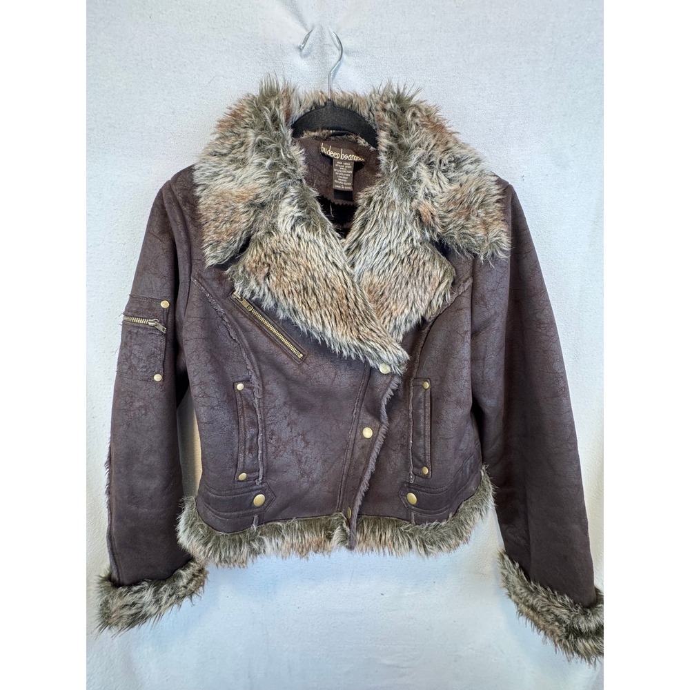 By Deep Los Angeles Jacket Brown Faux Leather Fur Trim Moto Biker B7001 Large